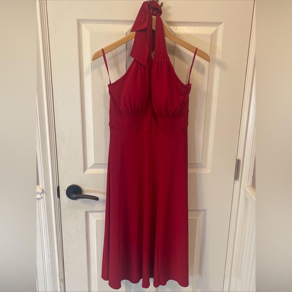 Calvin Klein Women Red Halter Back Zip Midi Dress Size 10 Holiday